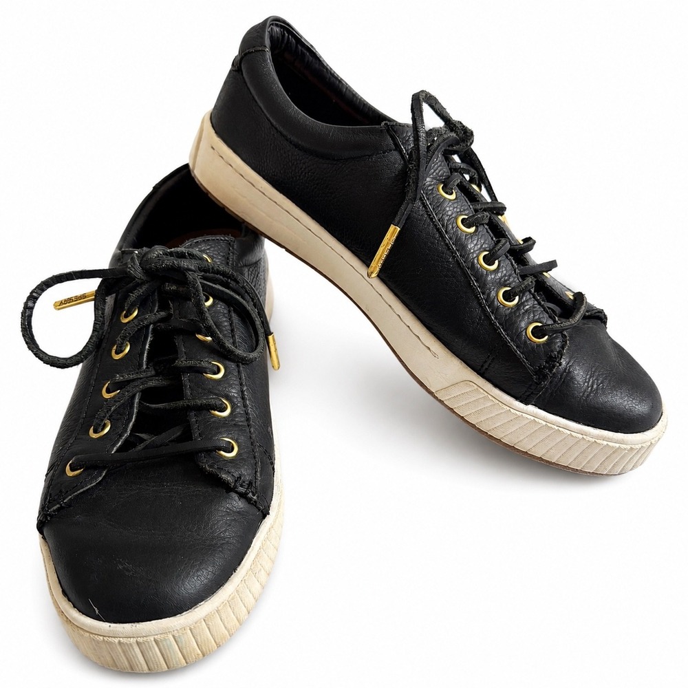 Sperry Top-Sider Plushwave Black Leather‎ Low Top Sneakers Gold Eyelets Womens 8